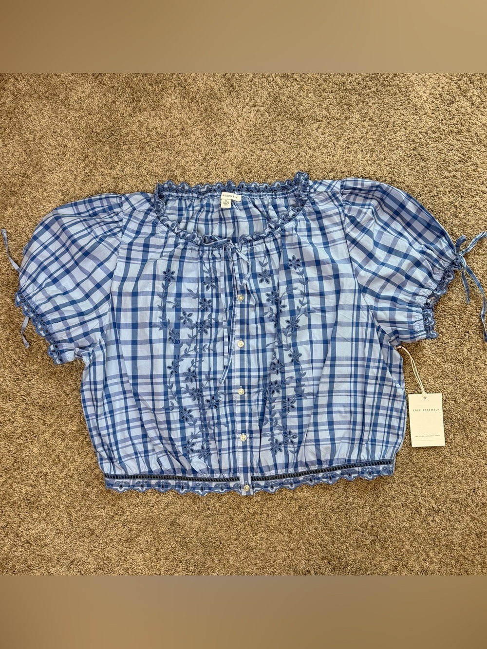 Free Assembly Plaid Embroidered Peasant Blouse – XL – NWT - Picture 2 of 8